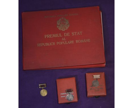 Romania, State Prize Medals (3), First Class in gold, Second Class, in silver and Third Class in bronze, all cased, generally