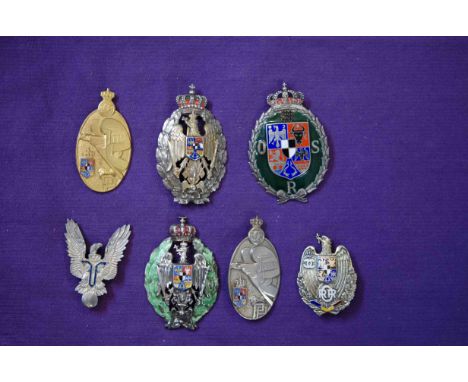 Romania, Military Badges (7), Pilot’s badge, Ferdinand I issue, in silvered metal with blue painted royal monogram; Military 