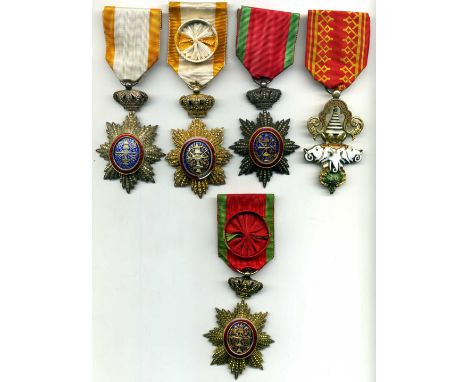 Cambodia, Order of Cambodia (4), Officer’s breast badge (2) in silver gilt and enamels, with both types of ribbon, and Knight