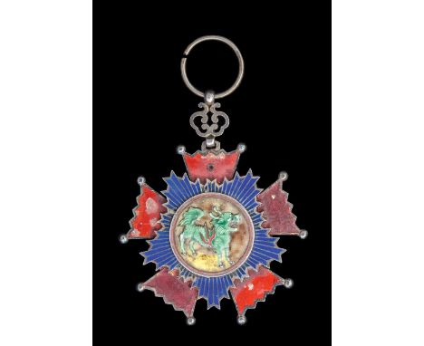China, Catastrophe Relief Merit Decoration, Fifth Class badge, in silver and enamels, reverse numbered “9”, width 60.7mm, ena