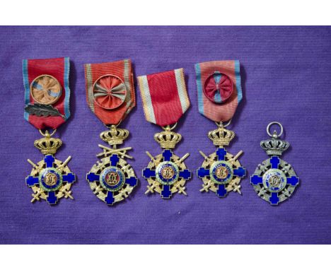 Romania, Order of the Star, type 2, Officers breast badges (6), Military Division (5), all in bronze-gilt and enamels, with s