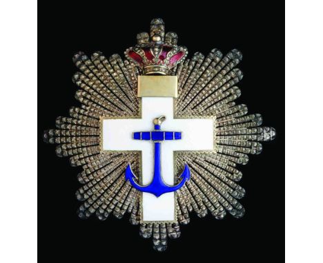 Spain, Order of Naval Merit, Fourth Class breast star, in silver-gilt, with gilt and white enamel cross with blue enamelled a