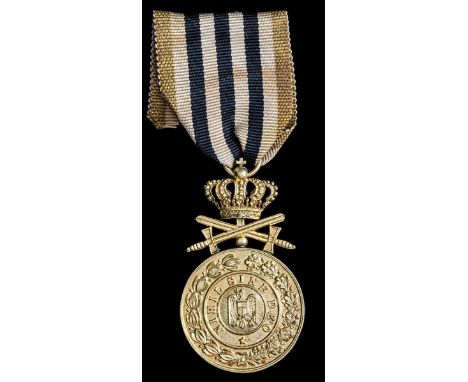 Romania, Order of the House of Hohenzollern, type 1, Gold Merit medals (2), one with swords and crown, both in bronze-gilt; t