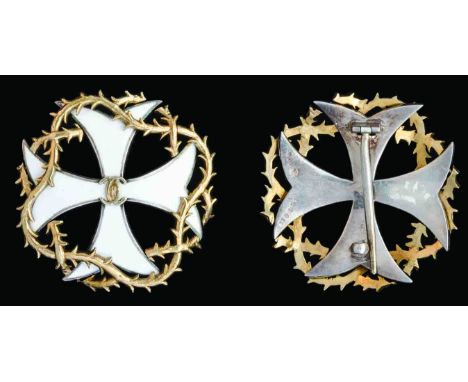 Romania, Order of Merit, Officer’s pin-back breast badge, reverse hallmarked, in silver, gilt and white enamel, 50mm, good ve