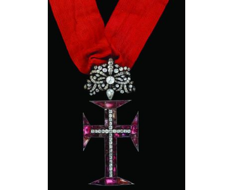 Portugal, Order of Christ, jewelled neck badge, mid-19th century, in silver and silver-gilt, jewelled plain cross centre, wit