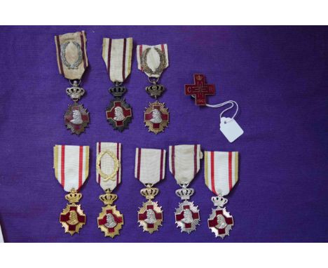 Romania, Medical Merit Cross (8), First Class (3), one with War Merit wreath, another on war ribbon, Second Class (2), one on