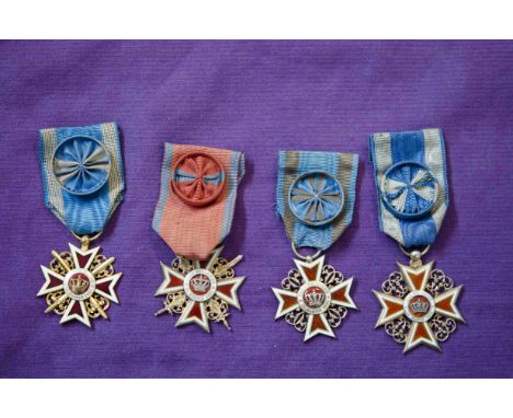 Romania, Order of the Crown, type 1, Officer’s breast badges (4), Military Division (2), one on bravery ribbon, in silver-gil