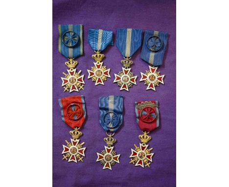 Romania, Order of the Crown, type 2, Officer’s breast badges (7), Military Division (3), all in bronze gilt and enamels, two 