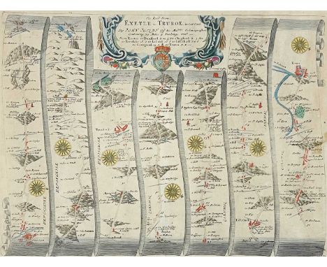OGILBY, John The Road From Exeter To Truroe A hand-coloured 17th Century engraved map, arriving to Truro via Dunsford, Chegfo