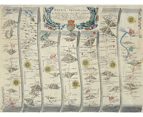 OGILBY, John The Road From Exeter To Truroe A hand-coloured 17th Century engraved map, arriving to Truro via Dunsford, Chegfo