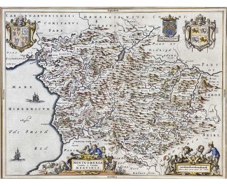 J. BLAEU.  'Montgomeria comitatus et comitatus Mervinia' Copper engraved map of Montgomeryshire in Wales, light hand colourin