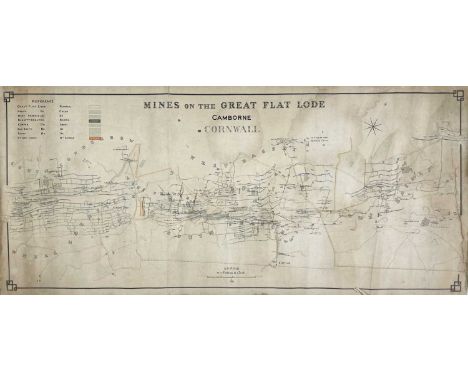 'Mines on The Great Flat Lode, Camborne, Cornwall' A 19th century plan  With colour key showing Great Flat Lode, North, West 