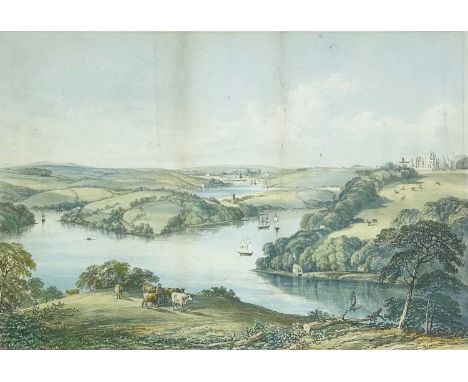M & N Hanhart (lithographers) 'Truro and the River Fal from opposite Tregothnan House,' Lithograph with contemporary hand tin