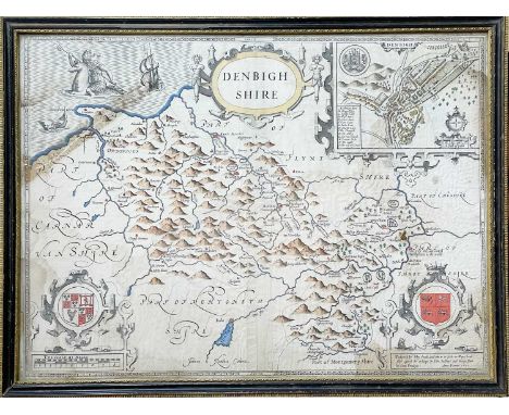 SPEED, John. 'Denbighshire' Engraved map, inset town plan of Montgomery, large strapwork cartouche, compass rose and mileage 