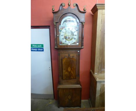 A George III inlaid mahogany 30-hour longcase clock, the painted arched moonphase dial signed Flather, Halifax 