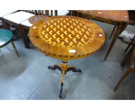 A Victorian style walnut, ebonised and geometric inlaid circular lamp table 