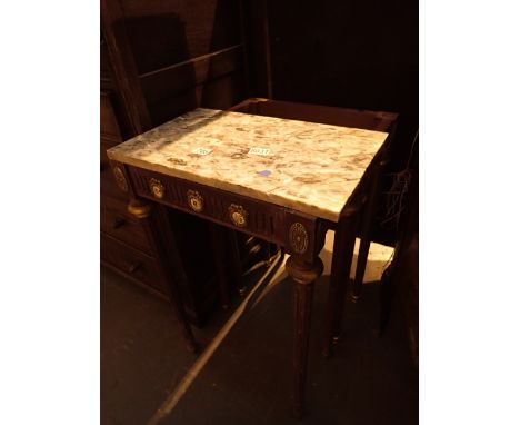 Two French side tables with brass decoration and ceramic plaques ( one with damaged marble top and one with no top ) 40 x 30 