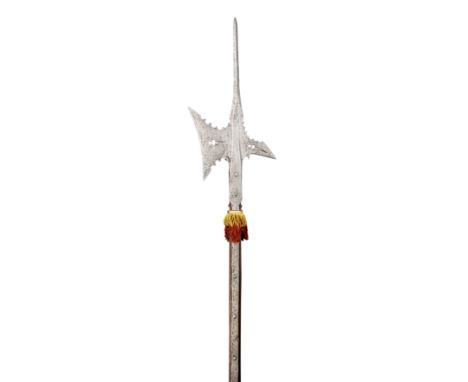 A HALBERD, MID-16TH CENTURY, GERMAN OR SWISS with stout terminal spike of stiff diamond-section, curved axe-blade pierced wit