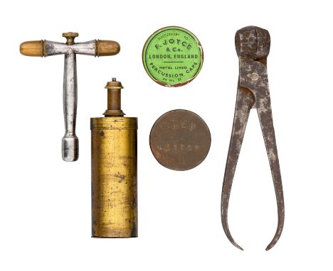 A COMBINATION TOOL, TWO-WAY FLASK AND THREE BULLET MOULDS, 19TH CENTURY, AND FURTHER TOOLS the first including nipple-wrench 