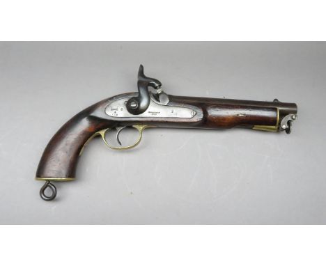A 25 BORE PERCUSSION PISTOL, THE LOCK DATED 1869 with browned barrel fitted with stirrup ramrod, lock stamped with 'EIC', a b