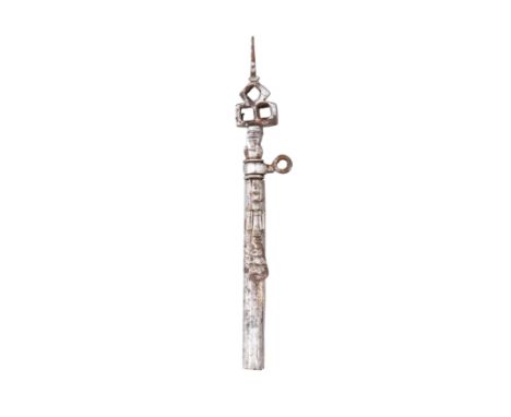 A GERMAN COMBINED WHEEL-LOCK SPANNER, TURNSCREW AND POWDER-MEASURE, 17TH CENTURY with triangular head formed with three spann