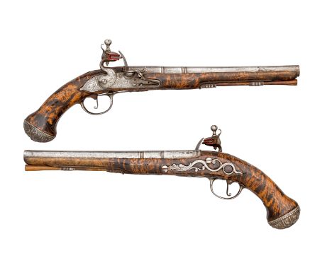A RARE PAIR OF 20 BORE FLINTLOCK HOLSTER PISTOLS WITH SILVER-MOUNTED BRASS POMMELS BY JAMES SPENCER, CIRCA 1690 with swamped 