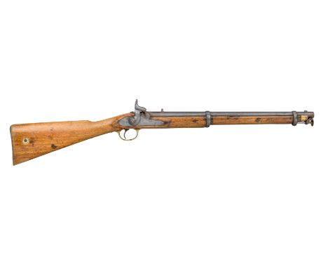 A .68 CALIBRE VICTORIAN PERCUSSION CARBINE FOR INDIAN EXCISE USE, THE LOCK DATED 1867 with sighted barrel retained by two iro