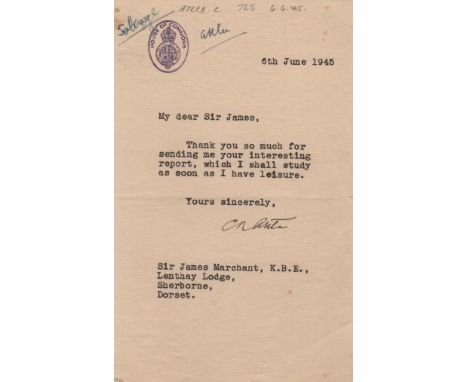 ATTLEE CLEMENT: (1883-1967) British Prime Minister 1945-51. T.L.S., C R Attlee, one page, 8vo, London, 6th June 1945, to Jame