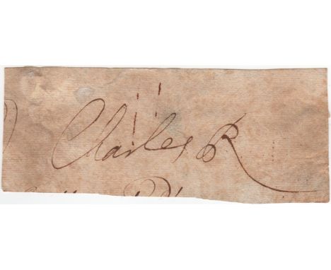 CHARLES II: (1630-1685) King of England, Scotland and Ireland 1660-85. Fine, dark ink signature ('Charles R') as King on a sl