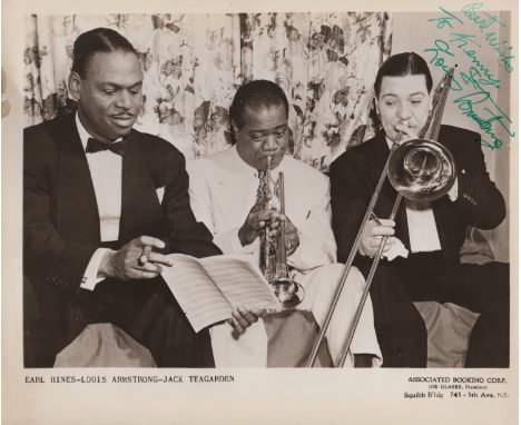  ARMSTRONG LOUIS: (1901-1971) American Jazz Trumpeter. Vintage signed and inscribed 10 x 8 photograph, the image depicting Sa