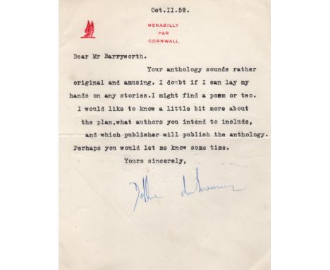  DU MAURIER DAPHNE: (1907-1989) British Author. T.L.S., Daphne du Maurier, one page, 8vo, Menabilly, Par, Cornwall, 11th Octo