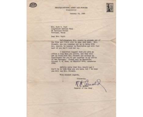 ARNOLD HAP: (1886-1950) American Army and Air Force General of World War II. T.L.S., H H Arnold, one page, 4to, Washington, 1