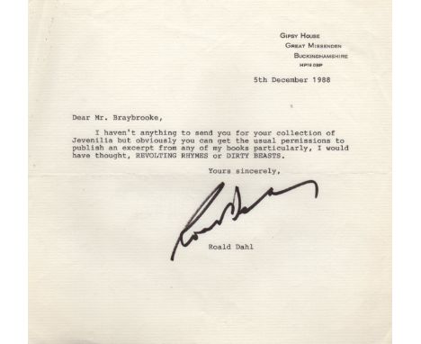  DAHL ROALD: (1916-1990) British Novelist, remembered for his children's books. T.L.S., Roald Dahl, one page, 4to, Great Miss
