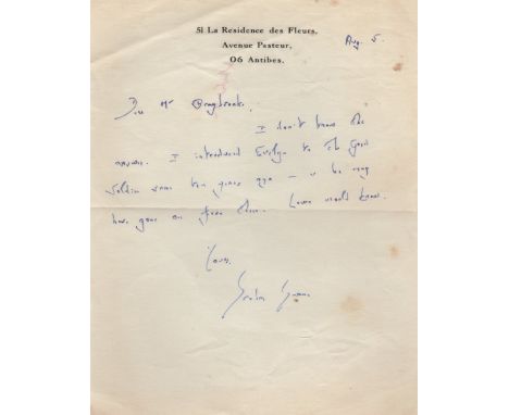  GREENE GRAHAM: (1904-1991) English Novelist. A good A.L.S., Graham Greene, one page, 8vo, Avenue Pasteur, Antibes, 5th Augus
