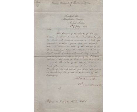 ALBERT PRINCE: (1819-1861) Prince Consort to Queen Victoria 1840-61. L.S., Albert, President, one page, folio, Adelphi, Londo