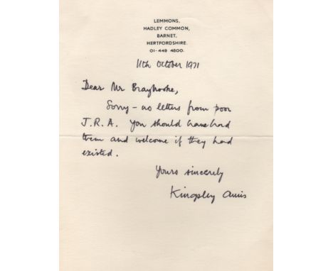  AMIS KINGSLEY: (1922-1995) English Novelist. Brief A.L.S., Kingsley Amis, one page, 8vo, Hadley Common, Barnet, Hertfordshir