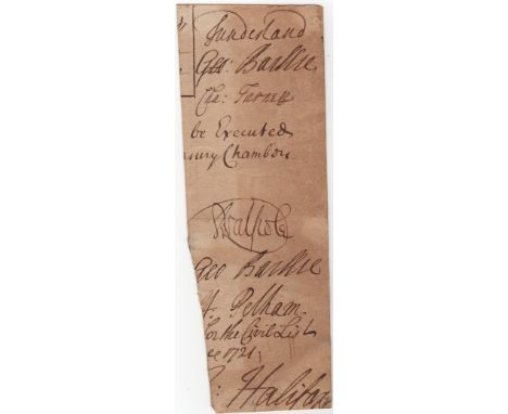 WALPOLE ROBERT: (1676-1745) British Prime Minister 1721-42. Ink signature on a slim 8vo piece evidently removed from a Treasu