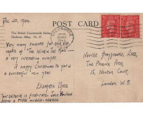  MYERS ELIZABETH: (1912-1947) English Writer. Rare A.L.S., Elizabeth Myers, to one side of a picture postcard featuring a rep