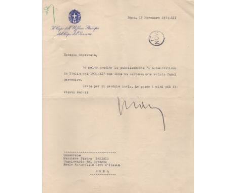 CIANO GALEAZZO: (1903-1944) Italian Minister of Foreign Affairs, 1936-43. Brief T.L.S., Ciano, one page, 4to, Rome, 16th Nove