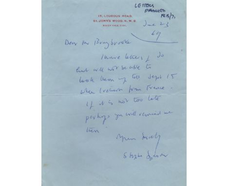 SPENDER STEPHEN: (1909-1995) English Poet & Novelist. A.L.S., Stephen Spender, one page, 8vo, St. John's Wood, 23rd June 1969