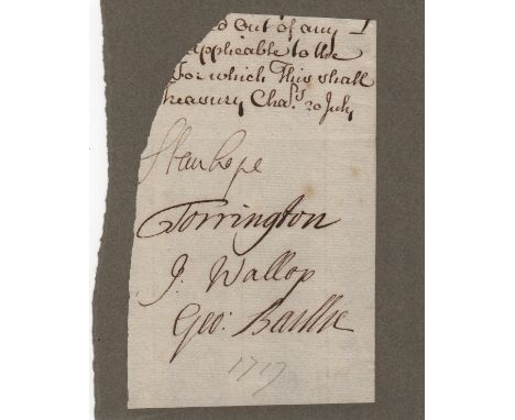 BRITISH POLITICS: Selection of multiple signed slim 8vo pieces by various 17th and 18th century Lords of the Treasury, all ne
