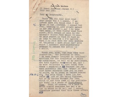 MACINNES COLIN: (1914-1976) English Novelist and Journalist. T.L.S., C MacInnes, two pages, 8vo, London, 24th May 1961, to [N