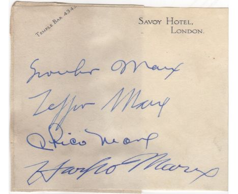 MARX BROTHERS THE: A good set of vintage blue fountain pen ink signatures by all four of the Marx Brothers individually, comp