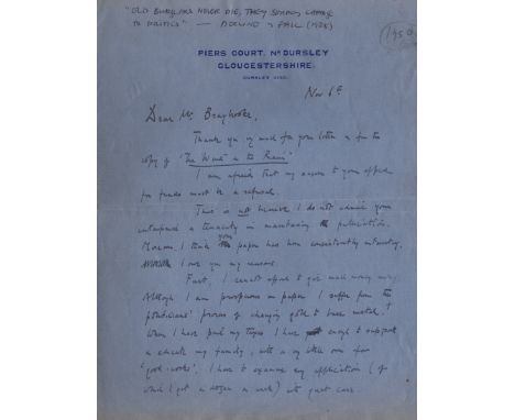  WAUGH EVELYN: (1903-1966) English Writer and Novelist. A.L.S., Evelyn Waugh, two pages, 8vo, Piers Court, near Dursley, Glou