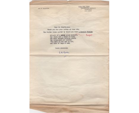AUDEN W. H.: (1907-1973) Anglo-American Poet. T.L.S., W.H. Auden, one page, 4to, Kirchstetten, Austria, 8th June 1966, to [Ne