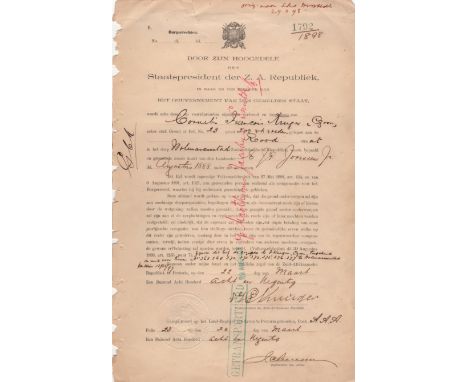 KRUGER PAUL: (1825-1904) South African President 1883-1900. D.S., S J P Kruger, one page, folio, Pretoria, 22nd March 1898. T