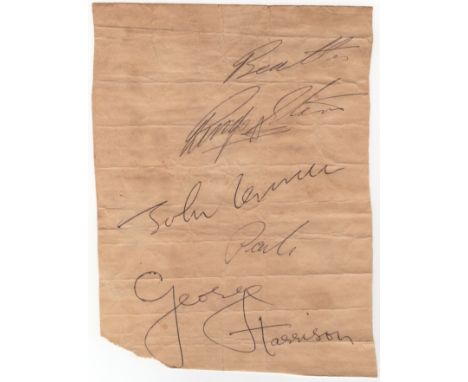 BEATLES THE: A small 8vo sheet of plain paper signed by three members of The Beatles individually, comprising John Lennon, Ge