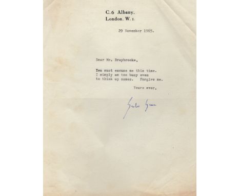  GREENE GRAHAM: (1904-1991) English Novelist. Brief T.L.S., Graham Greene, one page, 8vo, London, 29th November 1965, to [Nev