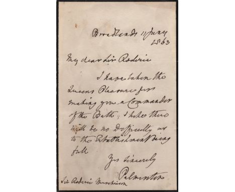 PALMERSTON VISCOUNT: (1784-1865) British Prime Minister 1855-58, 1859-65. A.L.S., Palmerston, one page, 8vo, Broadlands, 11th