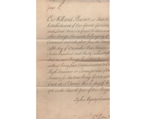 GEORGE II: (1683-1760) King of Great Britain and Ireland 1727-60. D.S., George R, as King, at the head, one page, folio, Cour